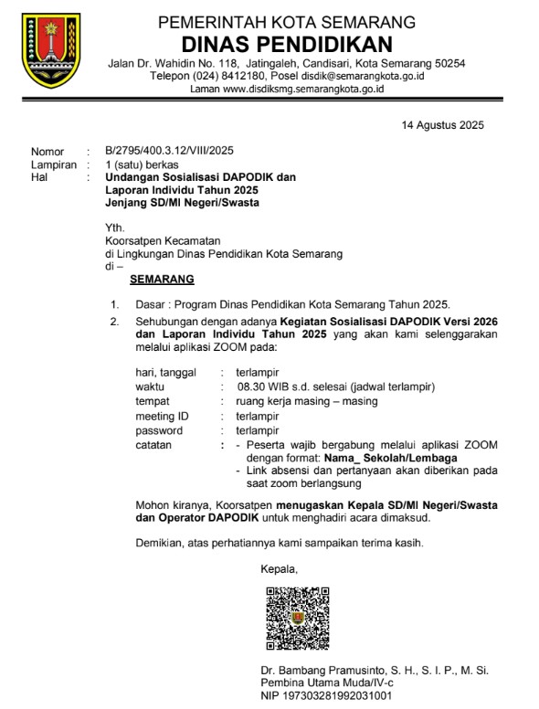 Undangan Sosialisasi Dapodik dan Laporan Individu Tahun 2025 jenjang SD/MI Negeri dan Swasta